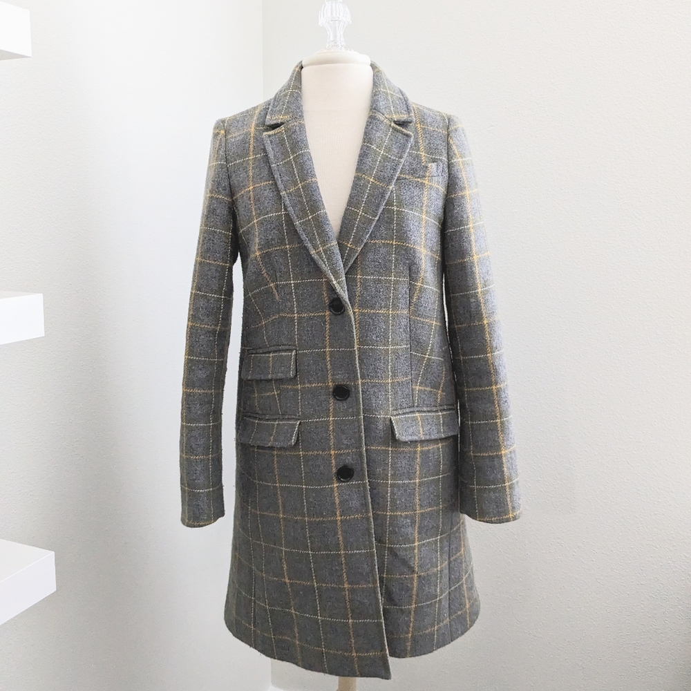 Banana Republic gray yellow plaid wool windowpane coat DONATING 2/13